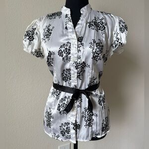Quizz Again Satin Floral Blouse Y2K Puff Sleeve Tie Waist‎ Romantic Glam Sz S